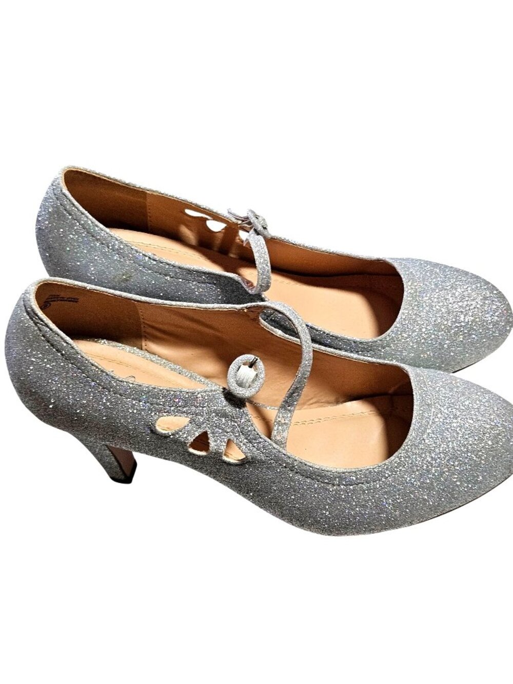 Woman's J.Adams retro Mary Jane style silver glitter eyelet ankle strap pumps 6